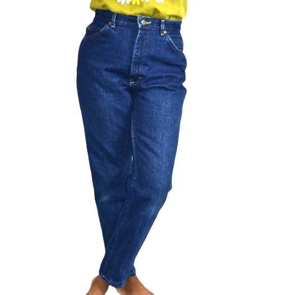 Vintage Lee Jeans Blue Dark Wash Tapered High Waist Mom Barrel Leg 80s Size 28 - Picture 1 of 14